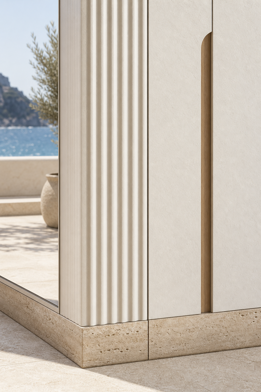 Fadior Resonance Wardrobe Suite with Fluted Mirror Return Wall — close-up of stainless steel finish and hardware detail