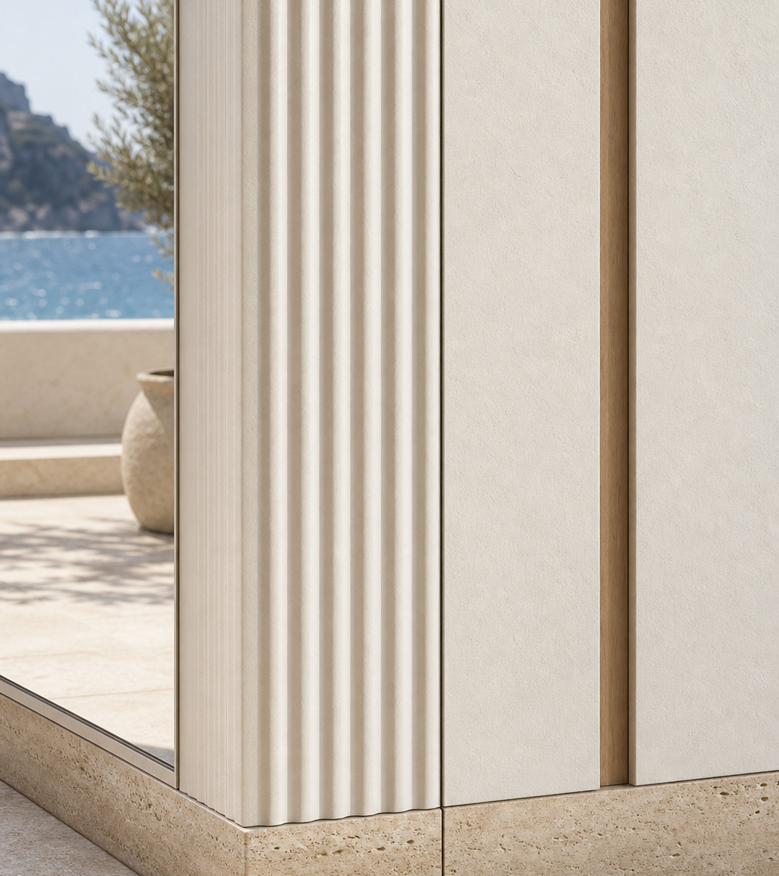 Fadior Resonance Wardrobe Suite with Fluted Mirror Return Wall — close-up of stainless steel finish and hardware detail