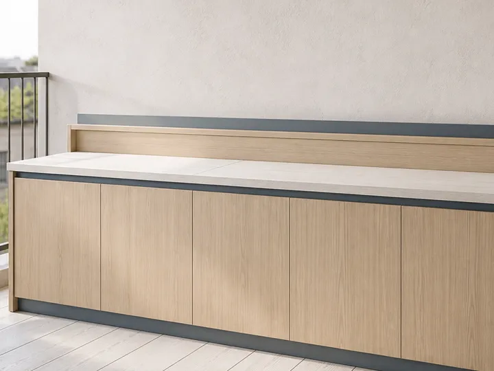Fadior Dusk Balcony Suite with Blond Ash Aperitif Bench — 304 stainless steel balcony system, front view