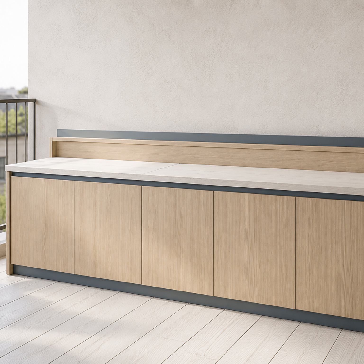 Fadior Dusk Balcony Suite with Blond Ash Aperitif Bench — 304 stainless steel balcony system, front view
