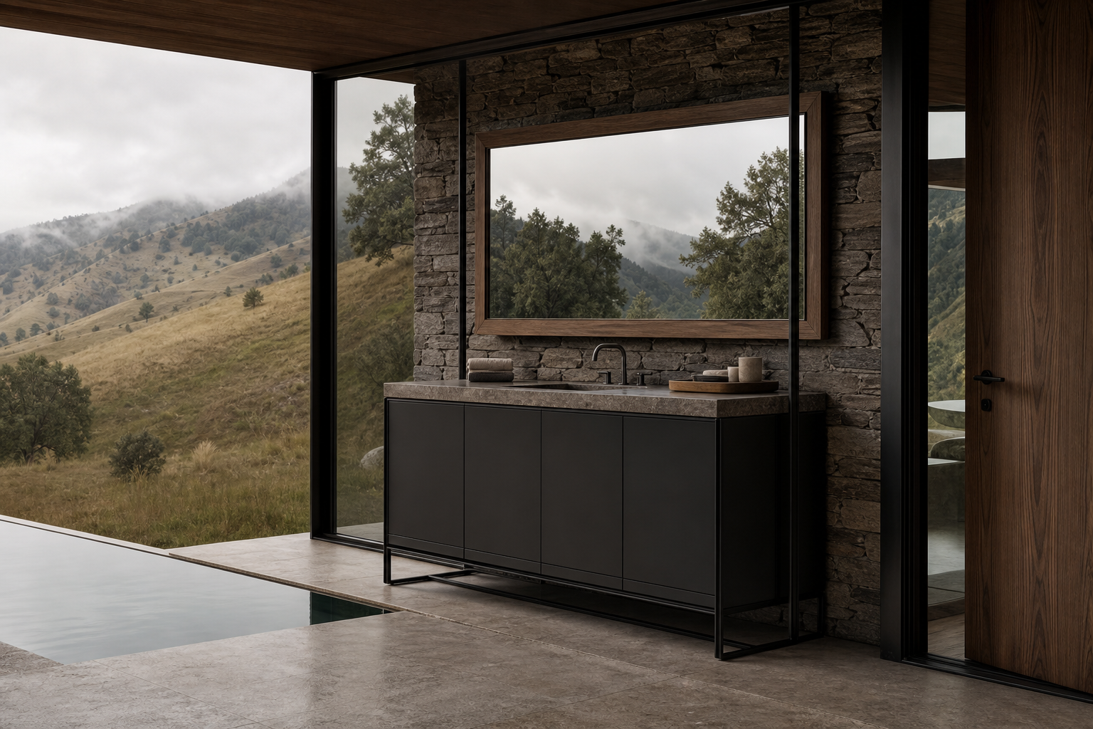 Fadior Alcove Bath and Vanity Suite with Silent Appliance Wash Gallery — interior room context showing cabinet integration