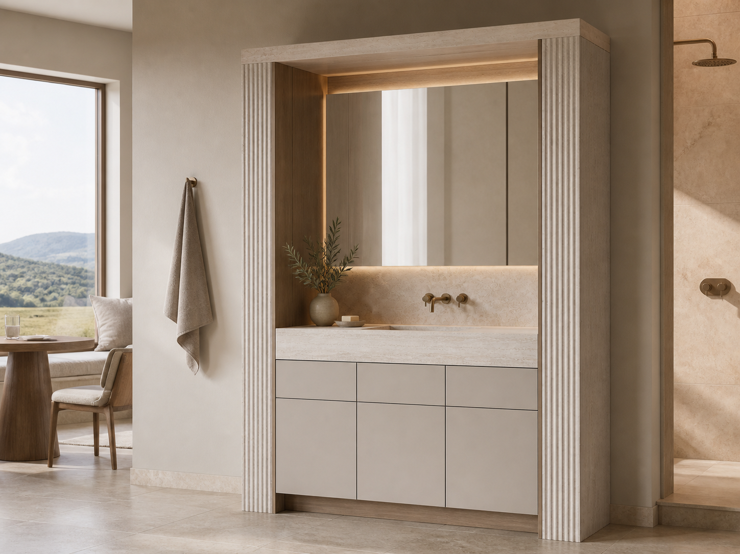 Fadior Voyage Bath Vanity Suite with Ribbed Travertine Wash Portal — interior room context showing cabinet integration