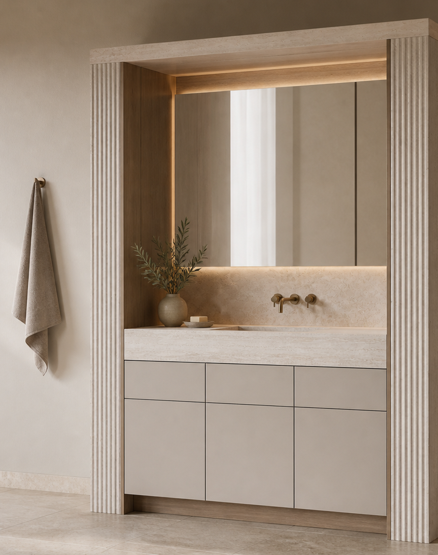 Fadior Voyage Bath Vanity Suite with Ribbed Travertine Wash Portal — interior room context showing cabinet integration