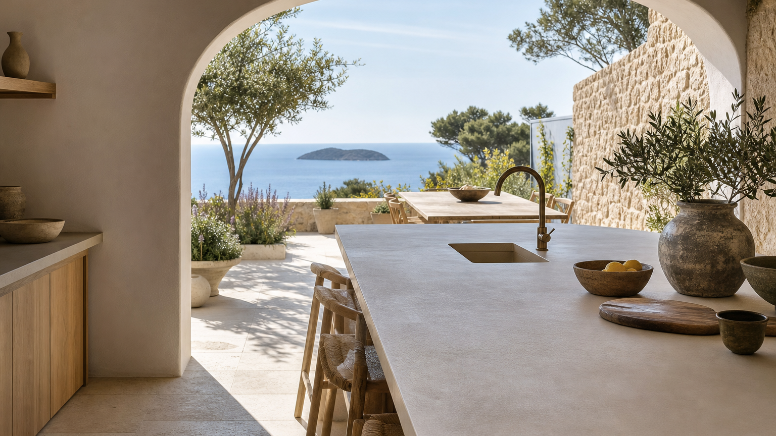 Kitchen atmosphere with chalk white walls, aegean accents, and coastal light for countertop decision context.