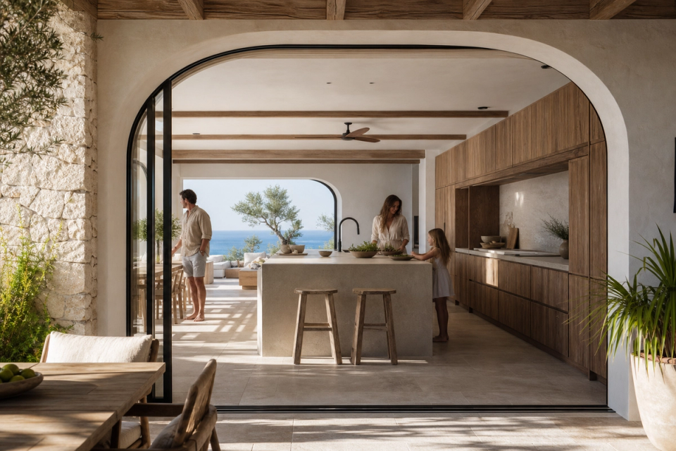 Fadior Marbella 400 m² Villa Cocina — isla, puerta arqueada a terraza, pared de piedra caliza, vista al mar
