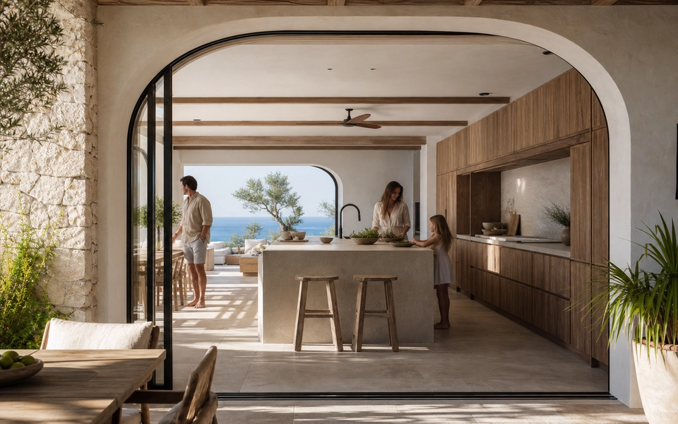 Fadior Marbella 400 sqm Kitchen Villa — island, arched terrace door, limestone wall, sea view — 304 stainless steel cabinetry installation by Fadior