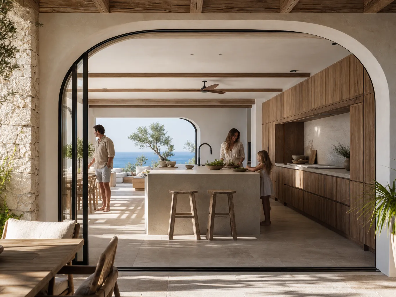 Fadior Marbella 400 sqm Kitchen Villa — island, arched terrace door, limestone wall, sea view