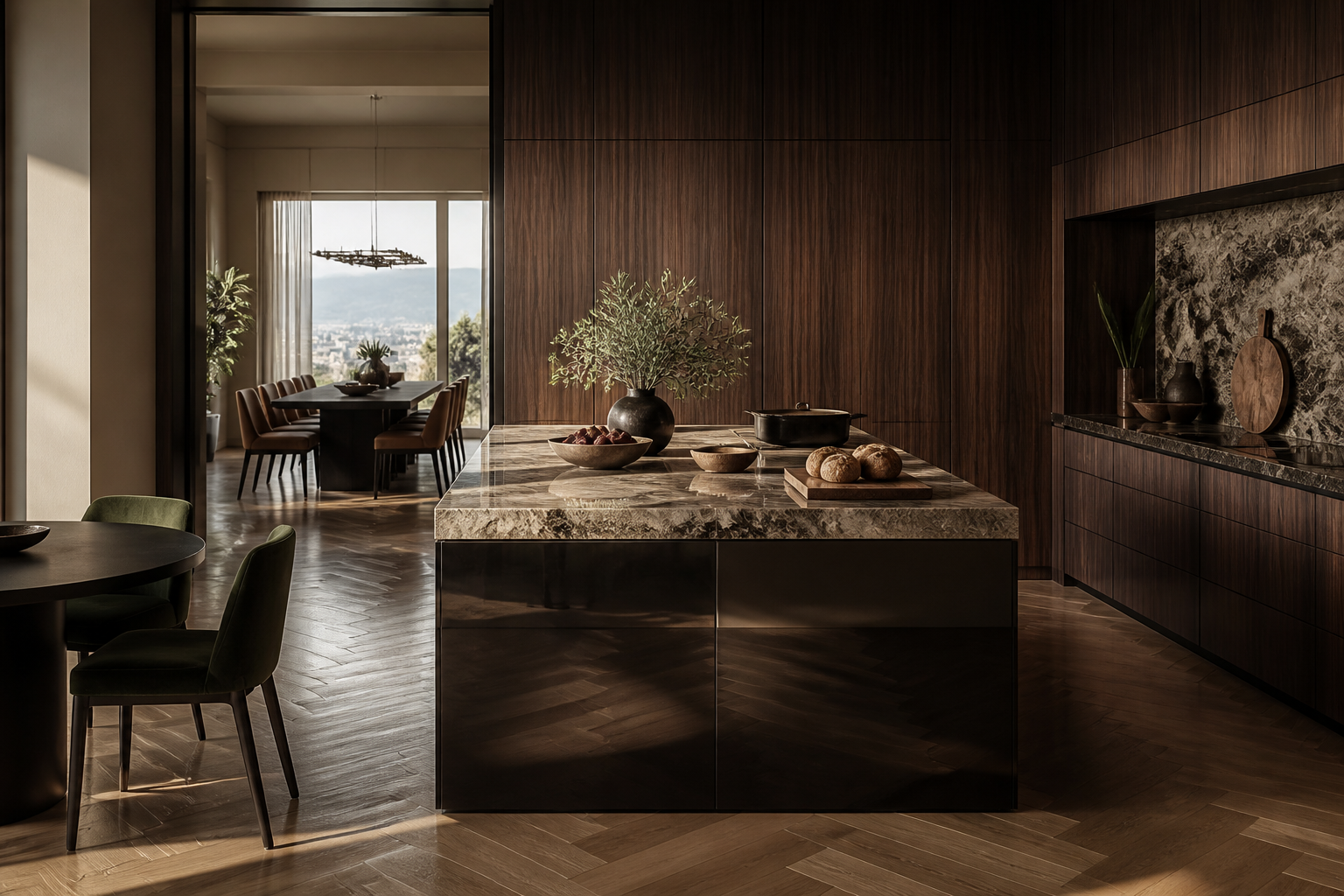 Fadior Athens 450 sqm Kitchen Villa — Fadior Athens kitchen workspace with marble counter, walnut cabinetry, oak floor,