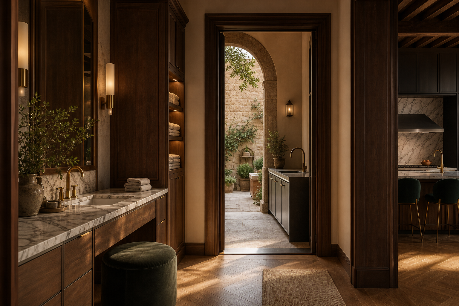 Fadior Siena Garden Courtyard Villa — Siena vanity and outdoor galley threshold with marble counter, mirror, towel shelves, cabinet tower, oak floor, stone arch, and kitchen doorway