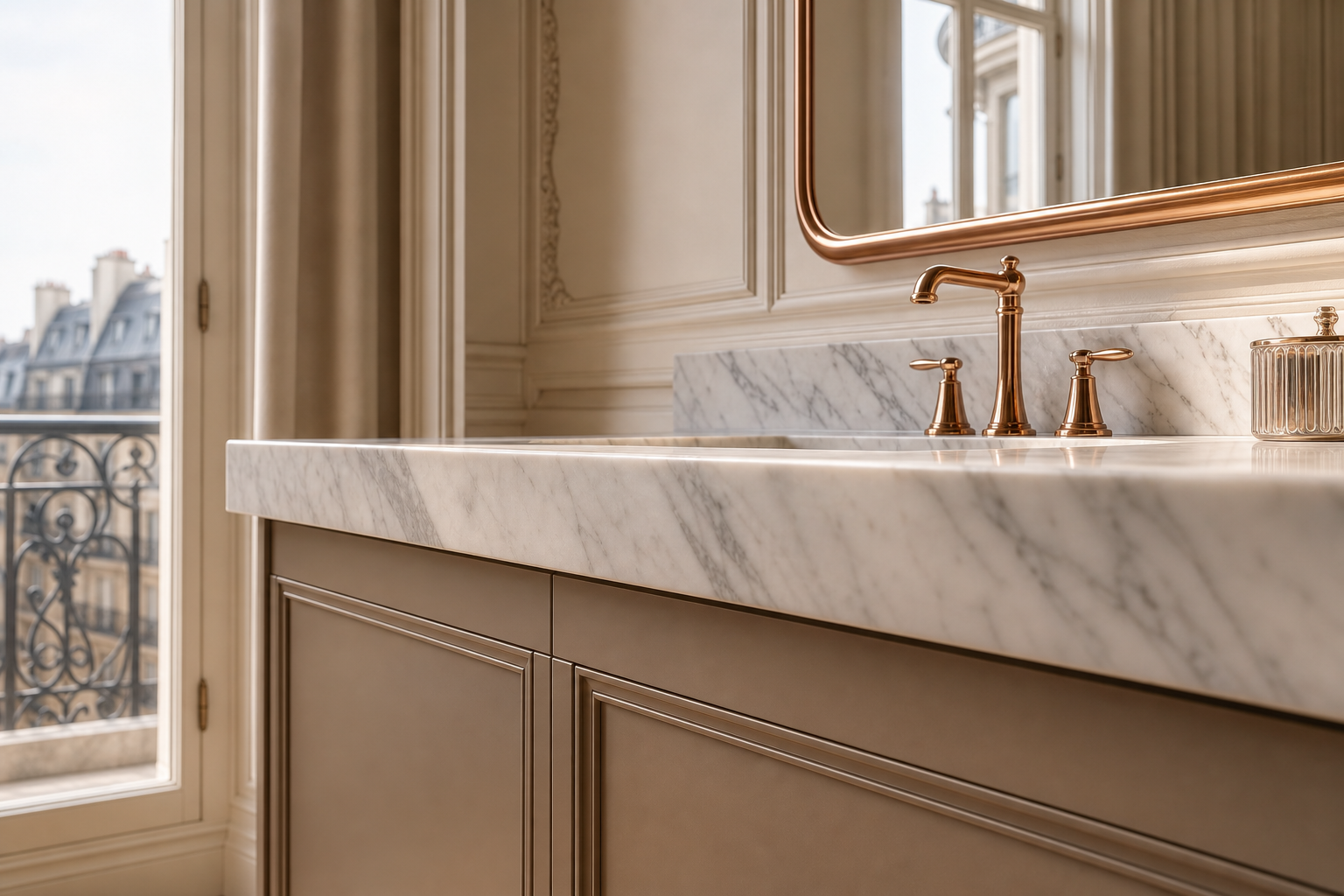 Fadior Solstice Bath and Vanity Suite with Diamond Seal Vanity Gallery — close-up of stainless steel finish and hardware