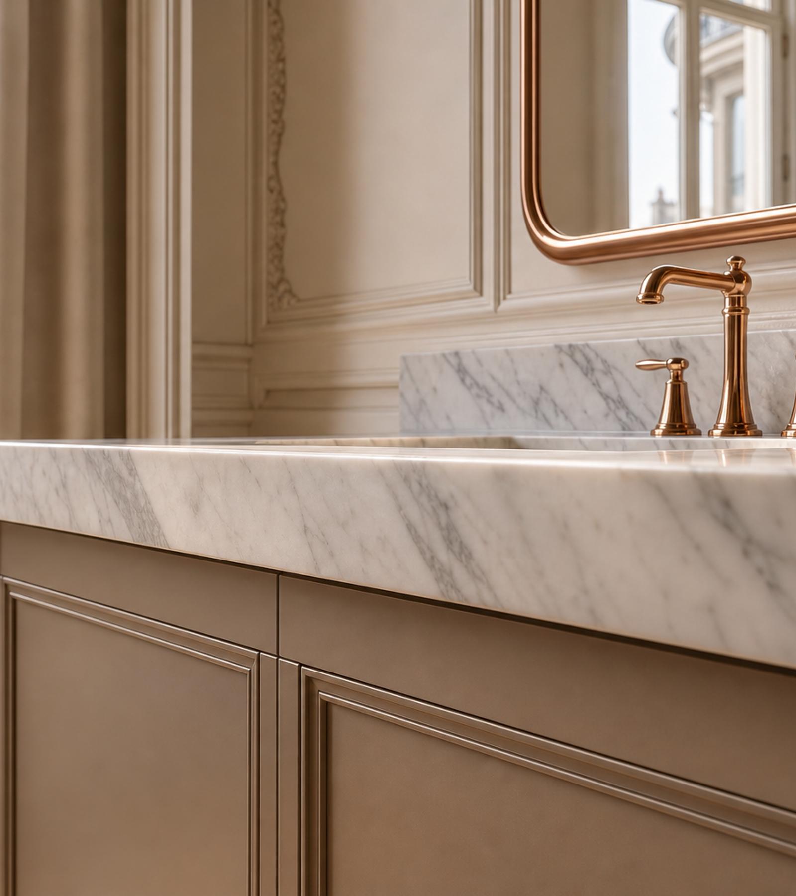 Fadior Solstice Bath and Vanity Suite with Diamond Seal Vanity Gallery — close-up of stainless steel finish and hardware