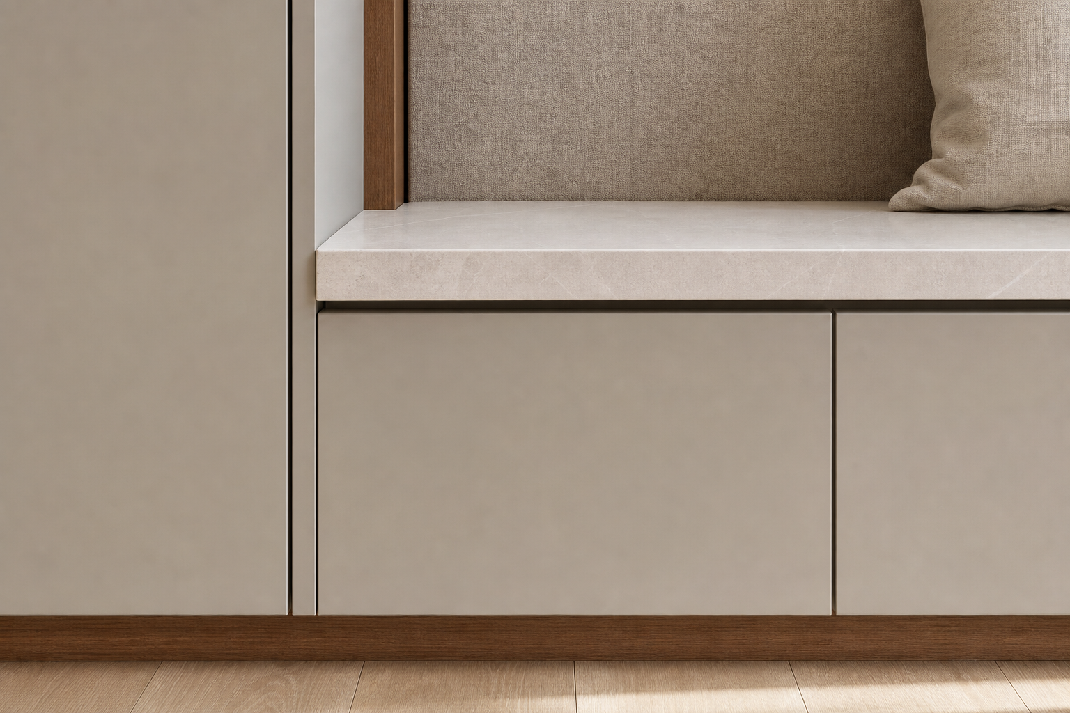Fadior Loggia Entryway Suite with Silent Appliance Drop Zone — close-up of stainless steel finish and hardware detail