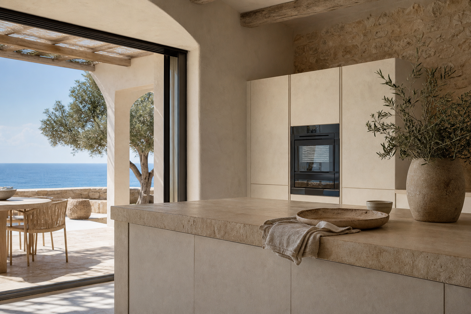 Fadior Solace Kitchen Suite with Artisan Oven Island Column — lifestyle setting with natural light and residential styling
