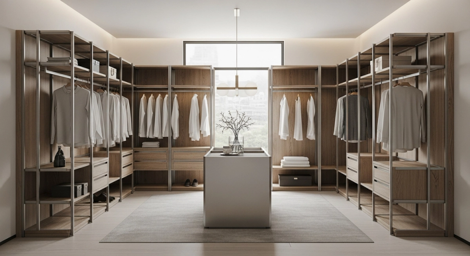 Custom stainless steel wardrobe system for luxury residence