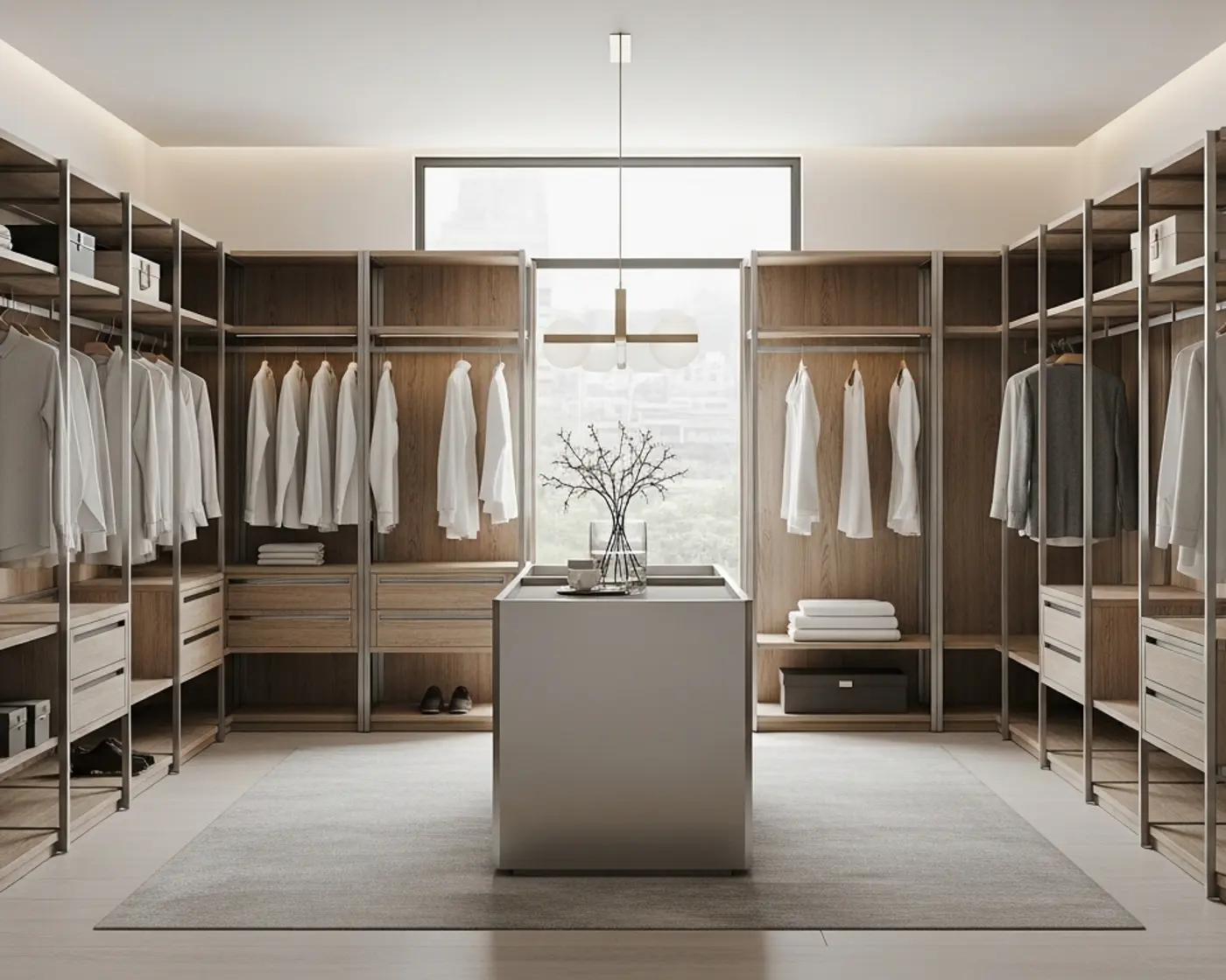 Custom 304 stainless steel walk-in wardrobe with open hanging rails, drawer storage, integrated lighting, and warm wood-tone panels
