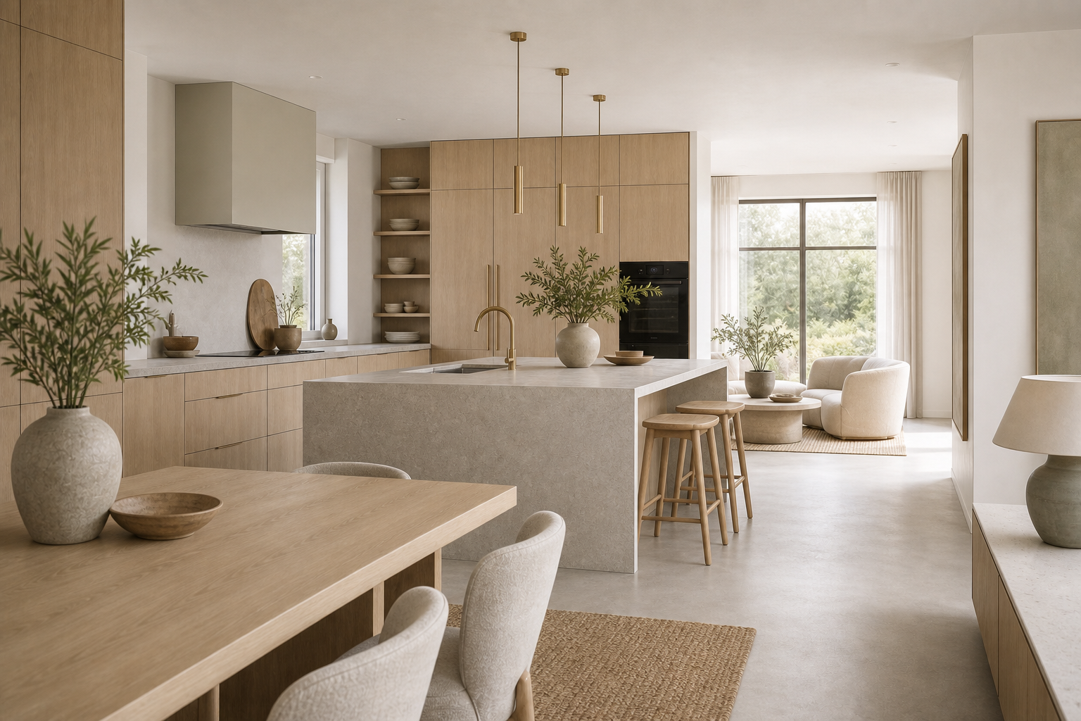 Contemporary kitchen opening into dining and sitting areas with warm quiet room flow.