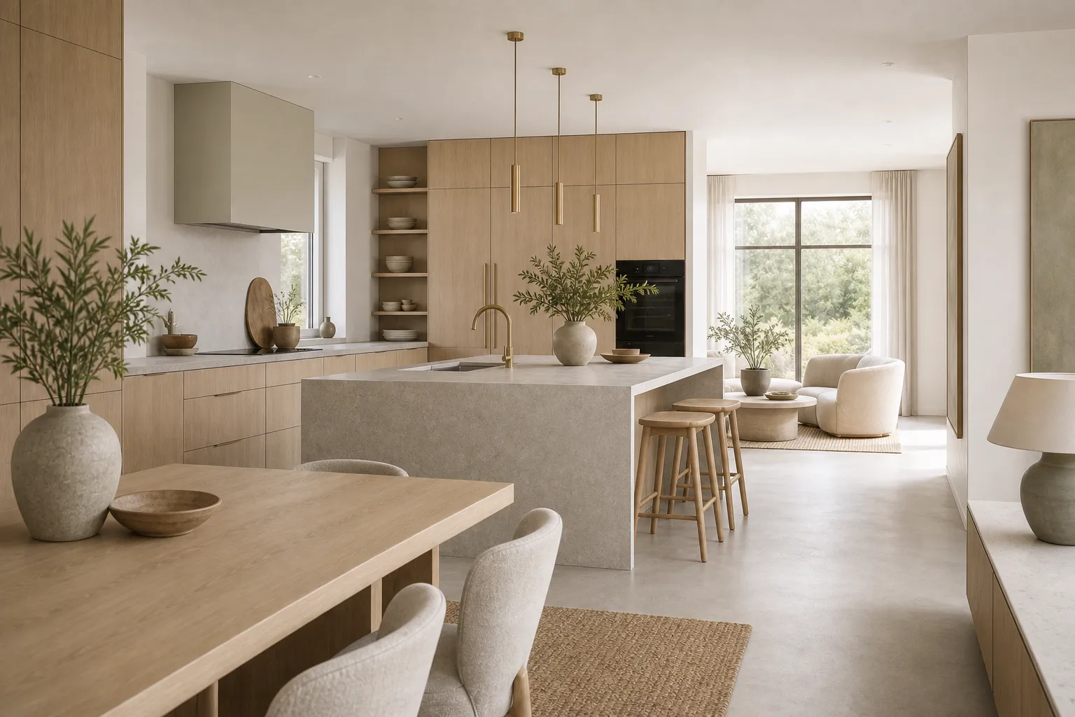 Contemporary kitchen opening into dining and sitting areas with warm quiet room flow.
