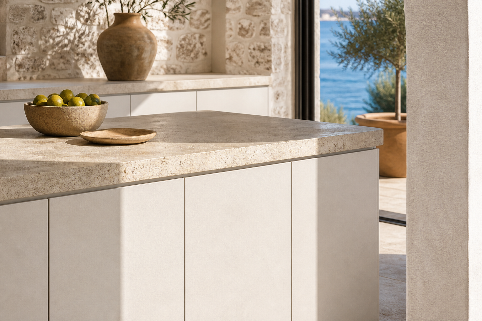 Fadior Terrena Kitchen Suite with Wide Window Breakfast Run — close-up of stainless steel finish and hardware detail