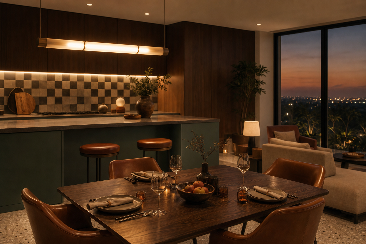Kitchen and dining context with cognac leather chairs, walnut panels, and intimate hosting atmosphere.
