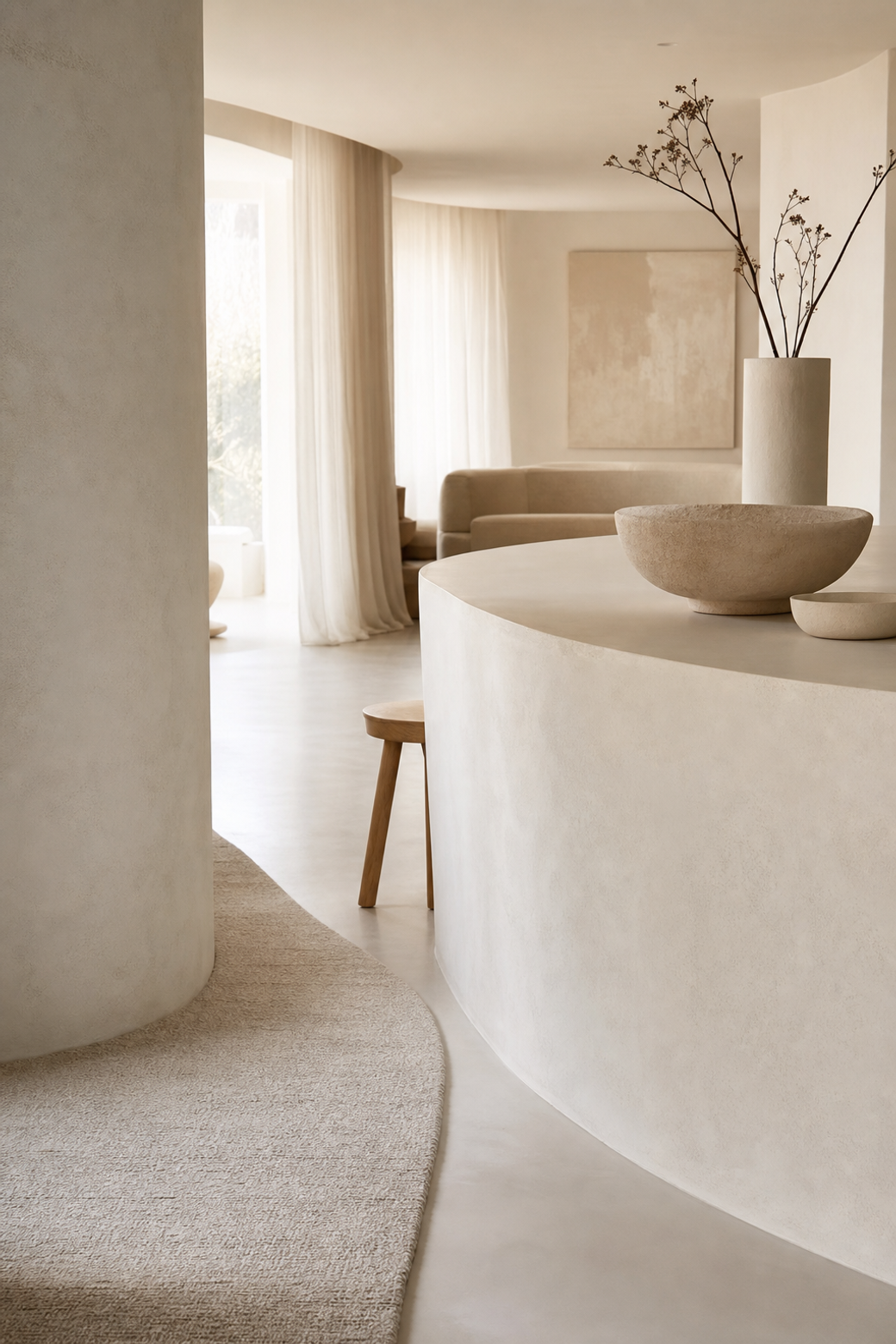 Airy abstract interior mood study with chalk white, flax linen and soft blond tones.