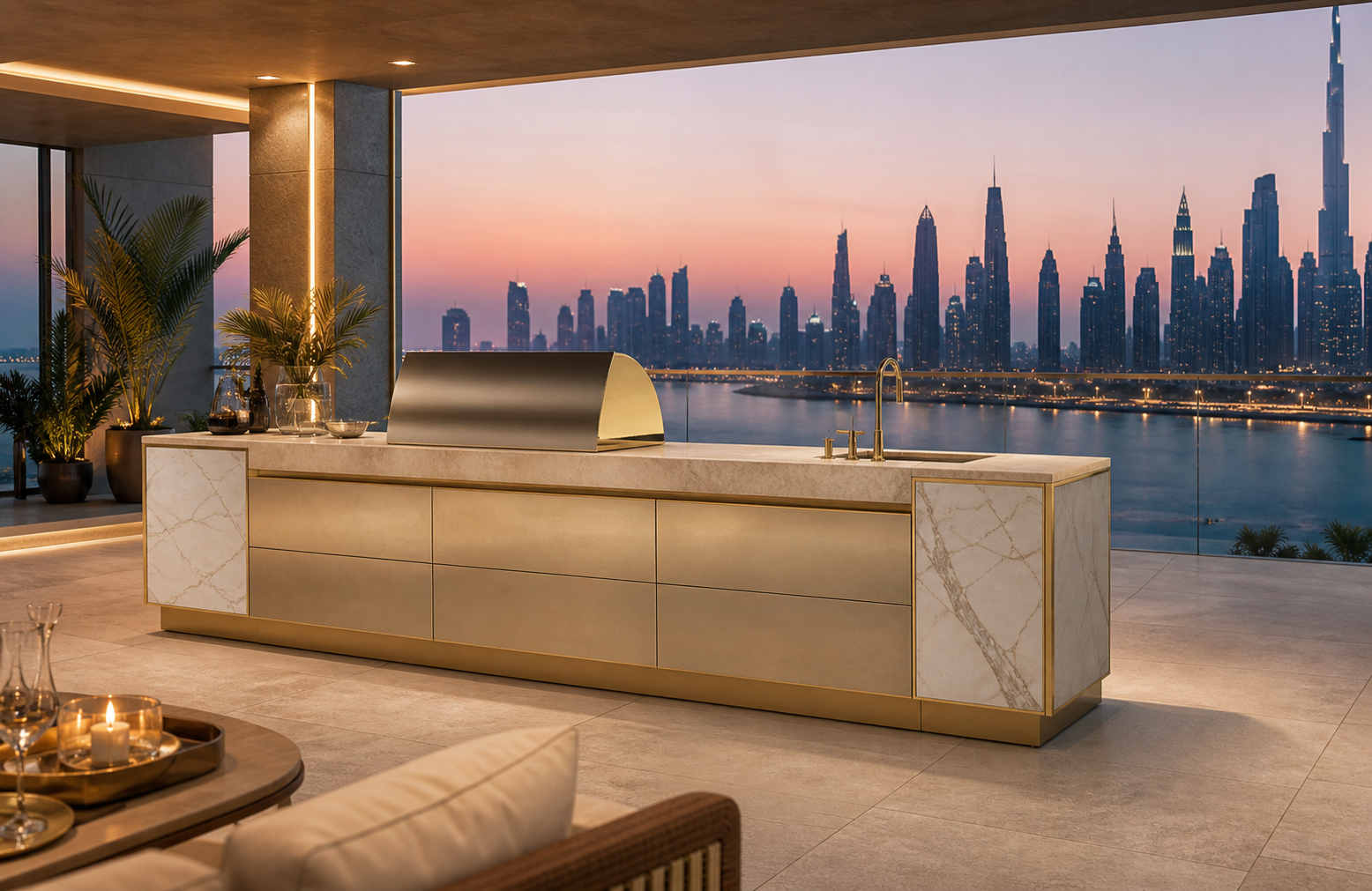 Fadior Vantage Outdoor Kitchen Suite with Champagne Skyline Island — lifestyle setting with natural light and residential styling