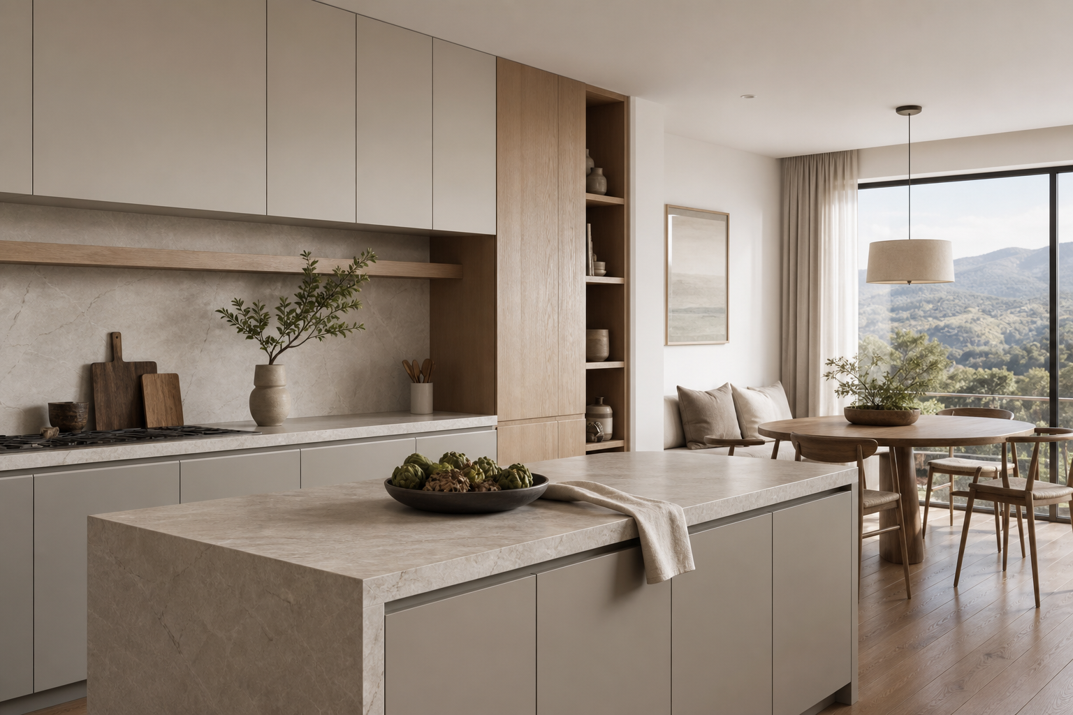 Warm villa kitchen with muted cabinet fronts, pale stone, and morning light for a repaint decision.