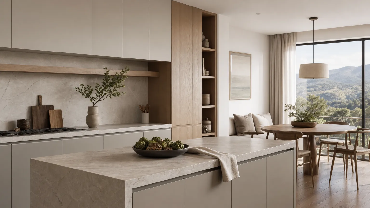 Warm villa kitchen with muted cabinet fronts, pale stone, and morning light for a repaint decision.