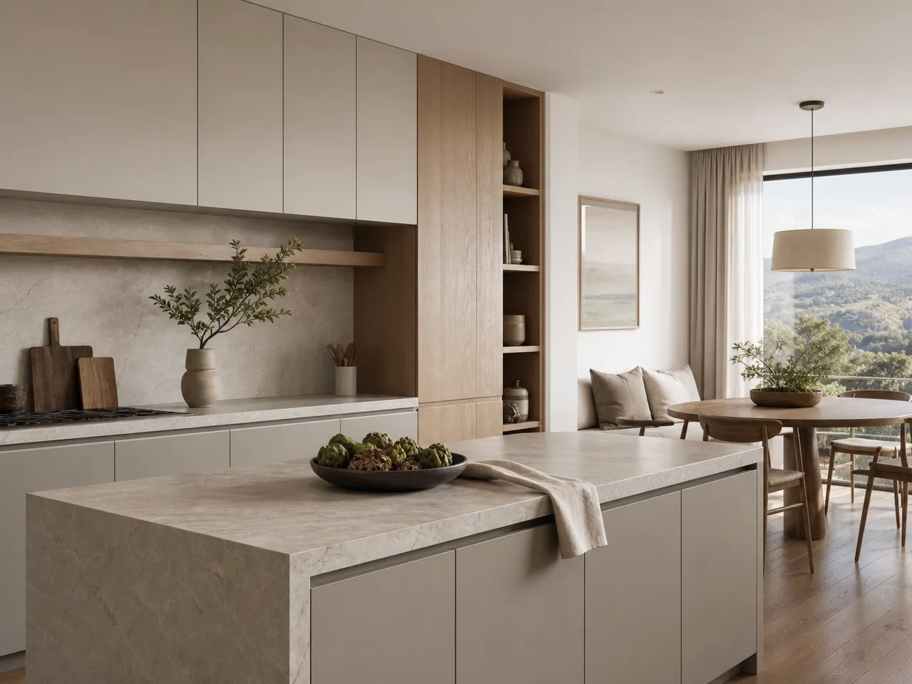 Warm villa kitchen with muted cabinet fronts, pale stone, and morning light for a repaint decision. — 304 stainless steel cabinetry editorial by Fadior