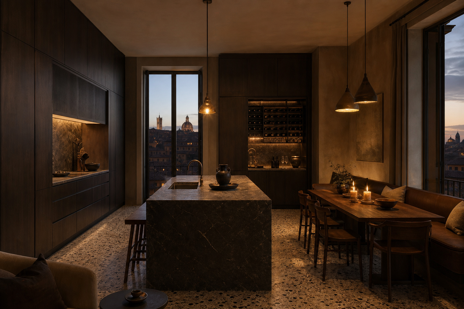 Fadior Siena Skyline Penthouse — Siena penthouse kitchen with island, wine wall, smoked oak cabinets, terrazzo floor, — 304 stainless steel