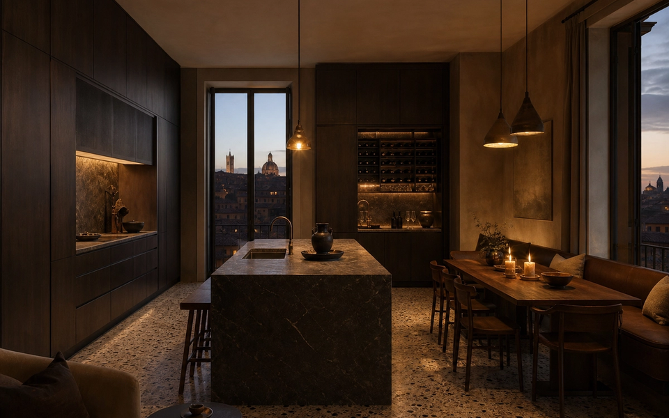 Fadior Siena Skyline Penthouse — Siena penthouse kitchen with island, wine wall, smoked oak cabinets, terrazzo floor, — 304 stainless steel cabinetry installation by Fadior