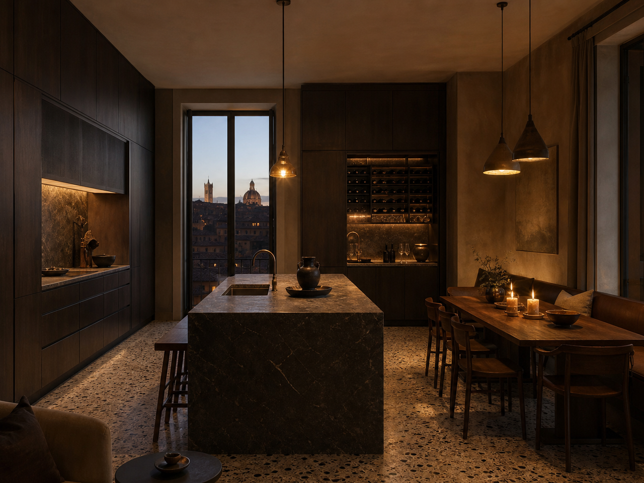 Fadior Siena Skyline Penthouse — Siena penthouse kitchen with island, wine wall, smoked oak cabinets, terrazzo floor, — 304 stainless steel cabinetry installation by Fadior
