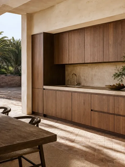Fadior Atelier Kitchen Suite with Ipe Courtyard Breakfast Wall — 304 stainless steel kitchen system, front view