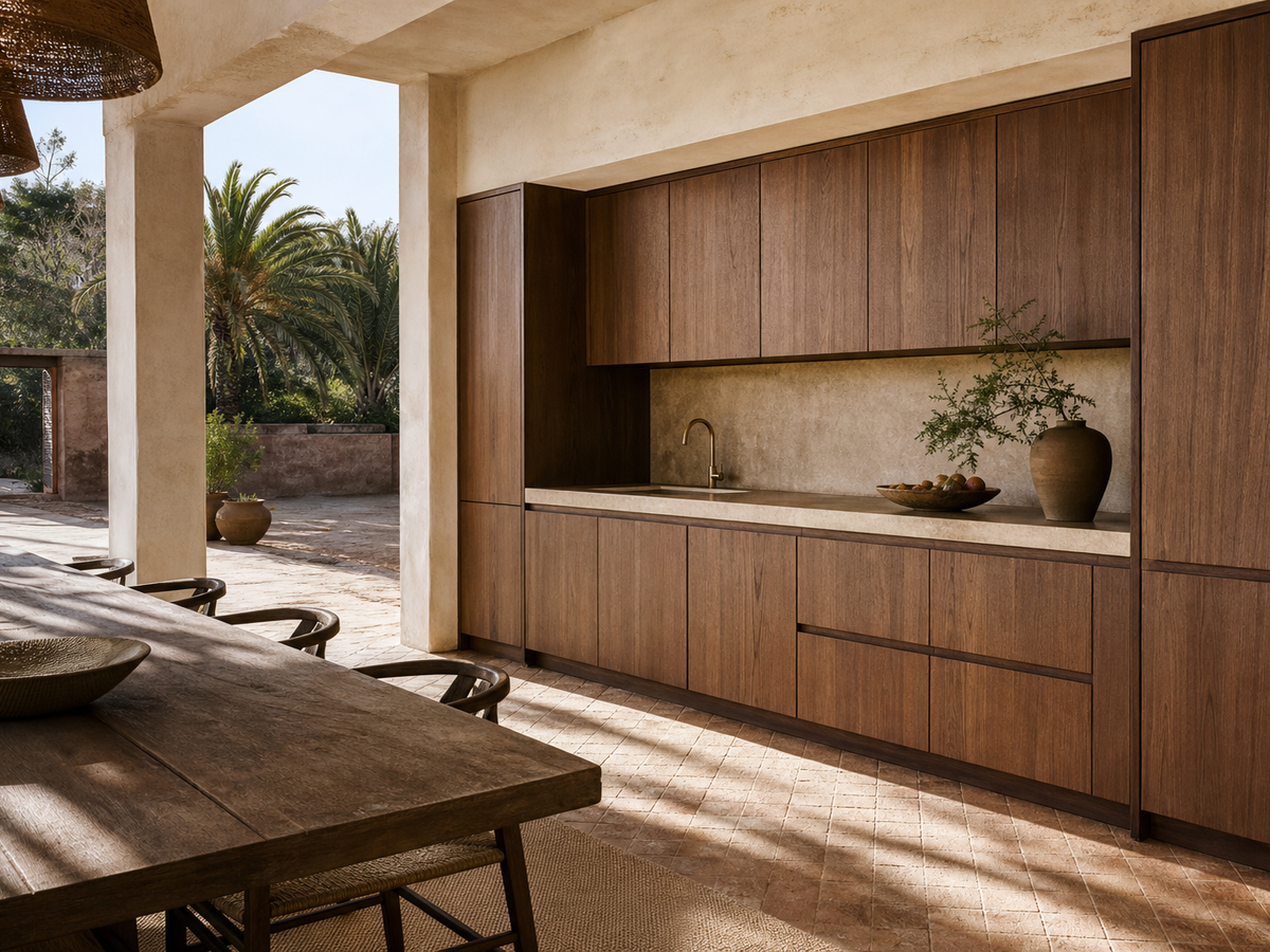 Fadior Atelier Kitchen Suite with Ipe Courtyard Breakfast Wall — 304 stainless steel kitchen system, front view