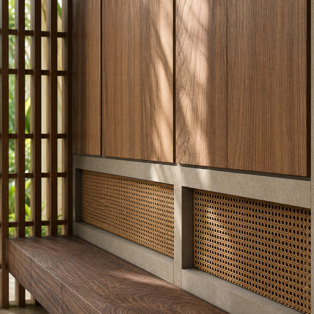 Fadior Terrazzo Wall Panel Suite with Segmented Bench Backdrop — close-up of stainless steel finish and hardware detail