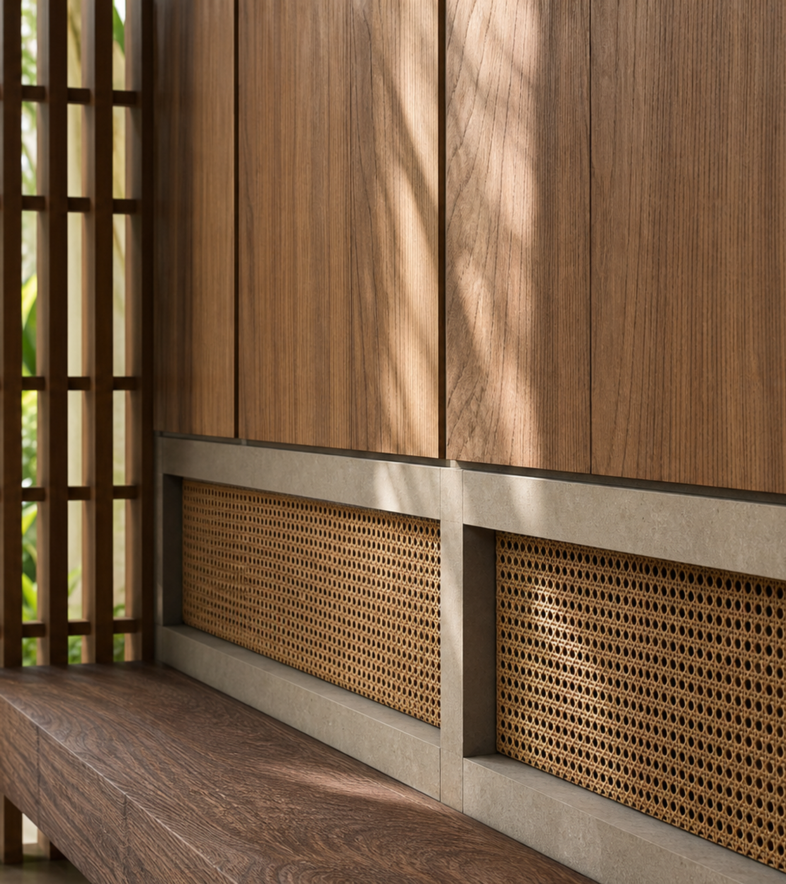 Fadior Terrazzo Wall Panel Suite with Segmented Bench Backdrop — close-up of stainless steel finish and hardware detail