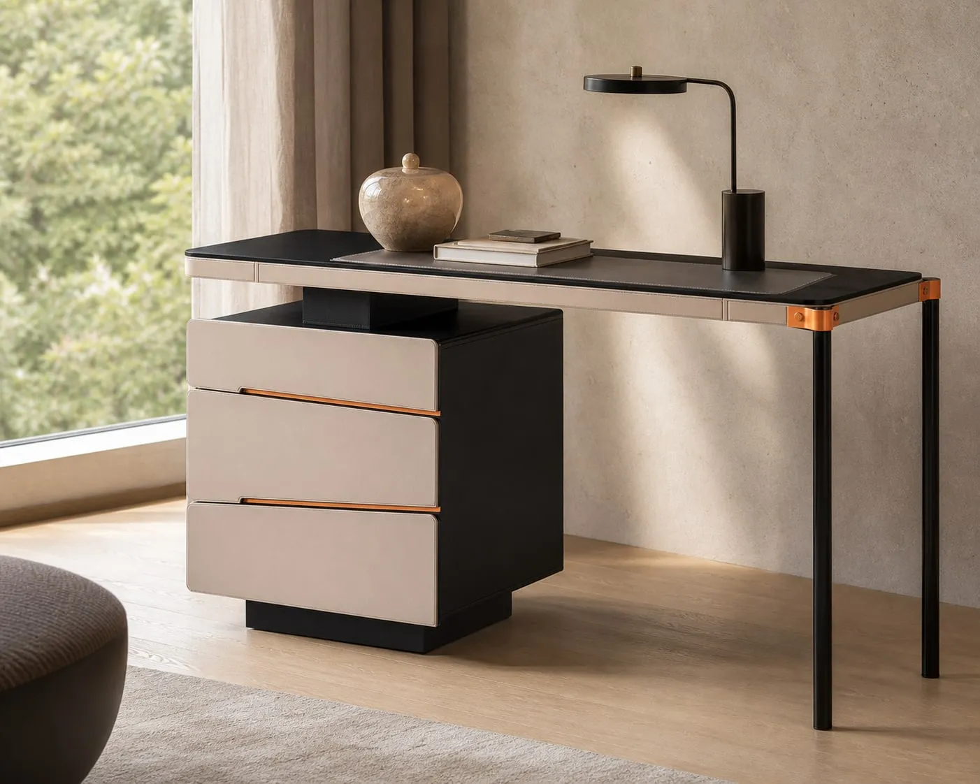 Oak and Saddle Leather Desk 2000×420×780 mm