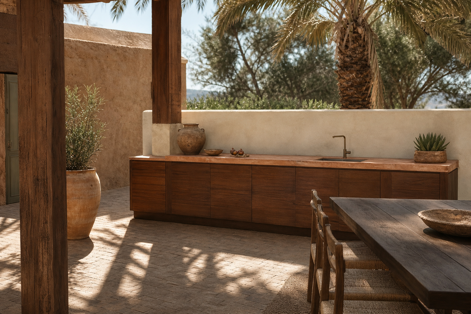 Fadior Horizon Outdoor Kitchen Suite with Cypress Service Courtyard — lifestyle setting with natural light and residential