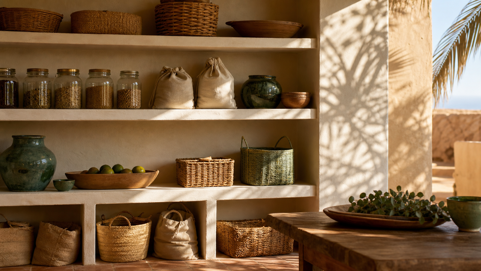 Dining table view toward an organized pantry wall and prep counter in a warm courtyard kitchen.