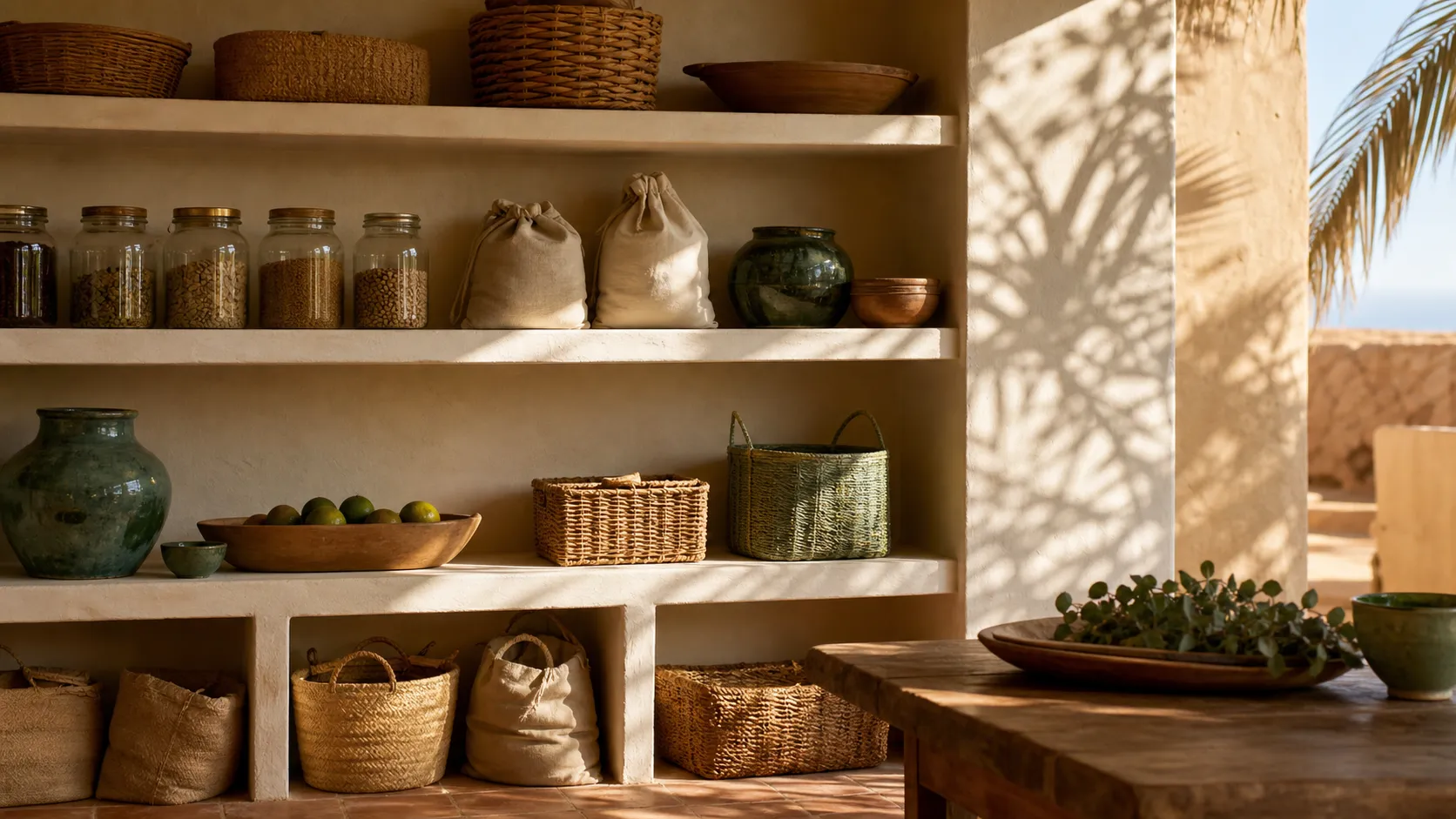 Dining table view toward an organized pantry wall and prep counter in a warm courtyard kitchen.