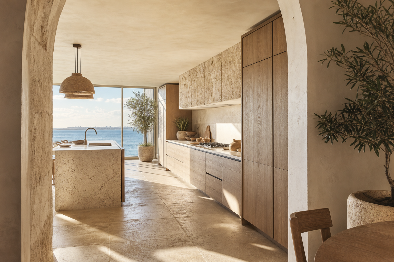 Fadior Miami Skyline Penthouse — Miami kitchen workspace with stone counter, timber cabinet wall, bay window,