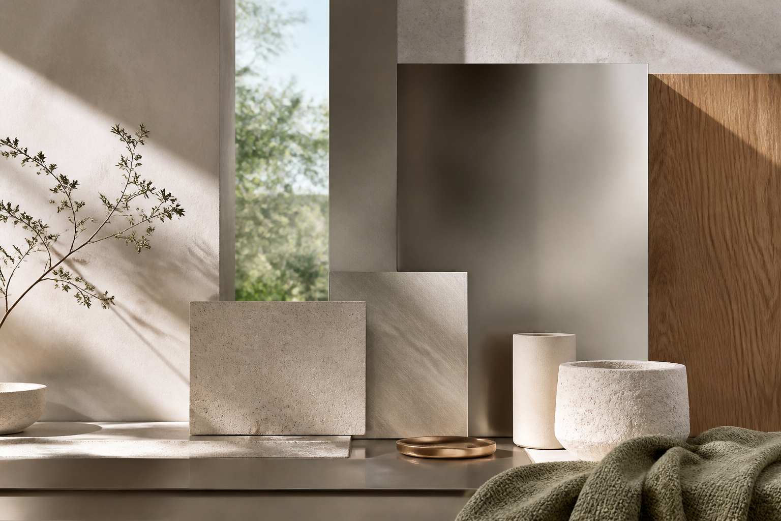 Fadior Material mood study: pale stone blocks, warm oak grain, sage textile,