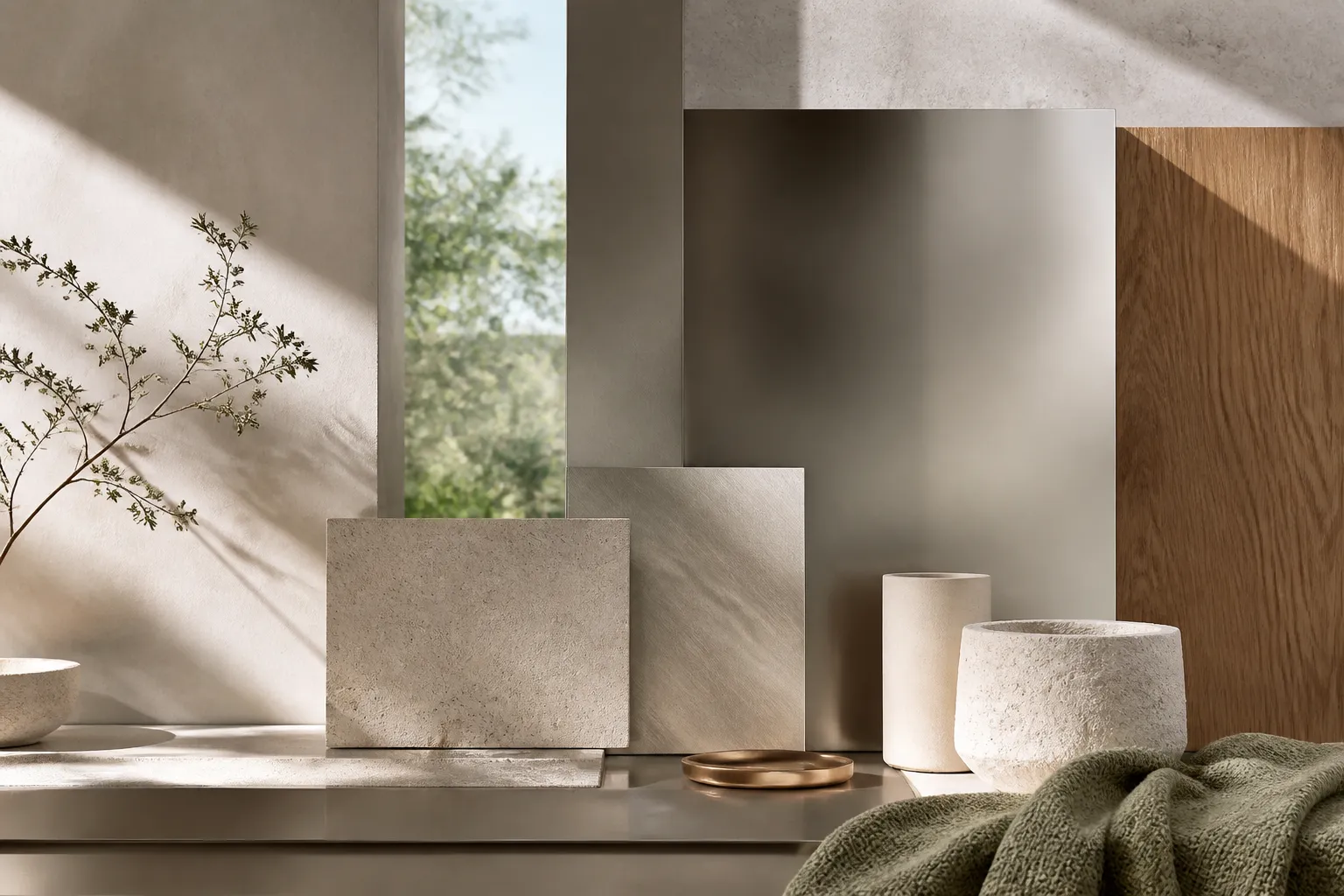Fadior Material mood study: pale stone blocks, warm oak grain, sage textile,
