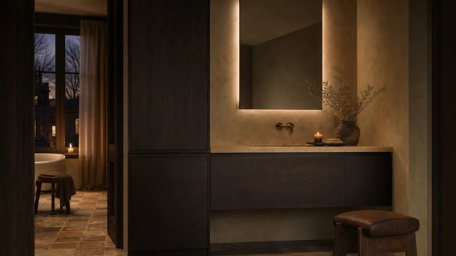 Bathroom vanity atmosphere with espresso matte cabinetry and warm plaster for waterproof decision context.