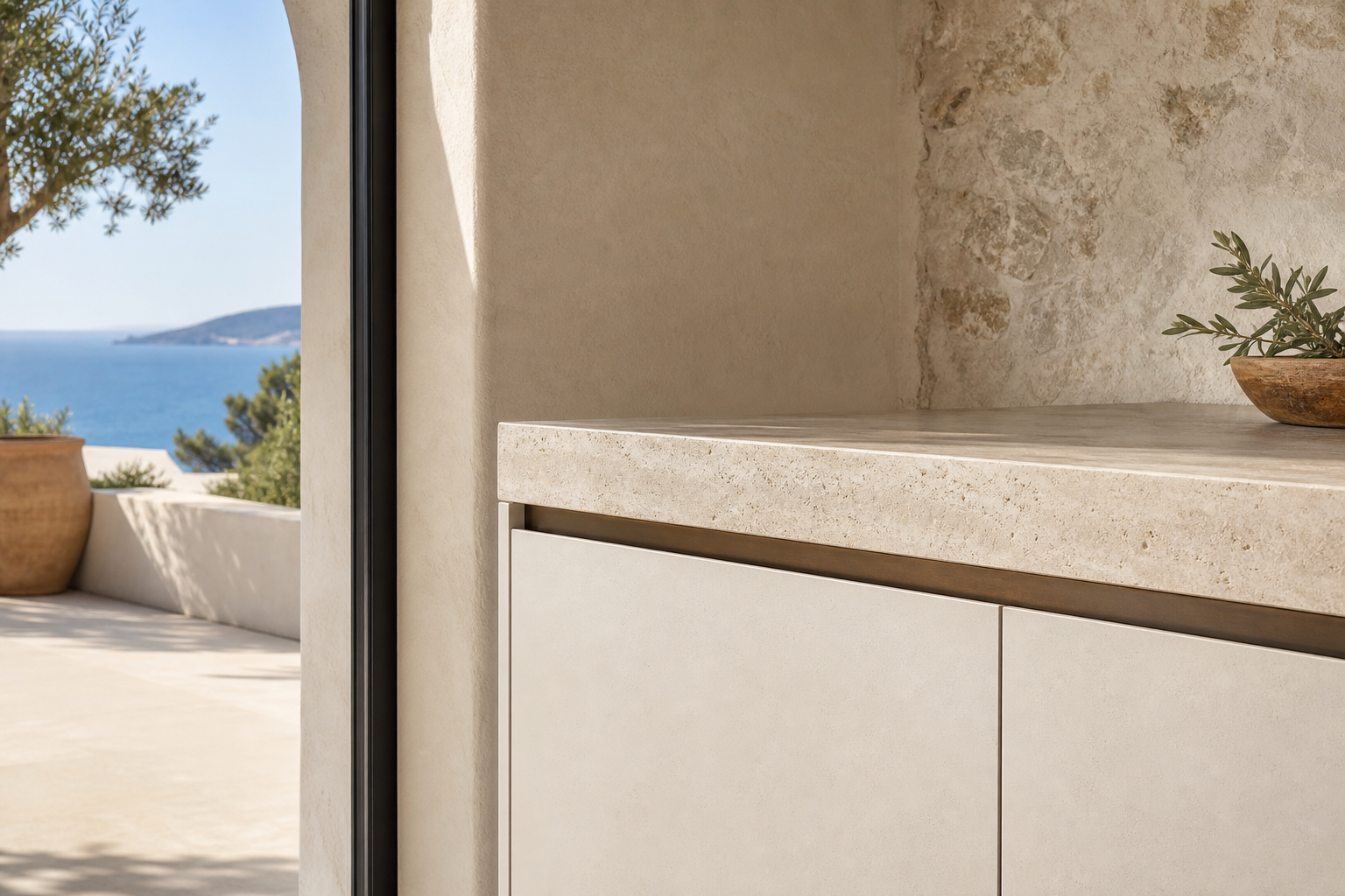 Fadior Meridian Kitchen Suite with Cafe Bronze Workwall Datum — close-up of stainless steel finish and hardware detail