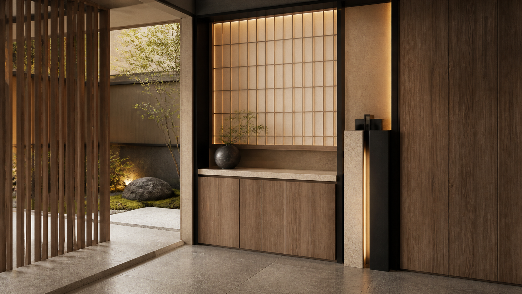 Fadior Savile Entryway Suite with Water Column Valet Console — lifestyle setting with natural light and residential styling