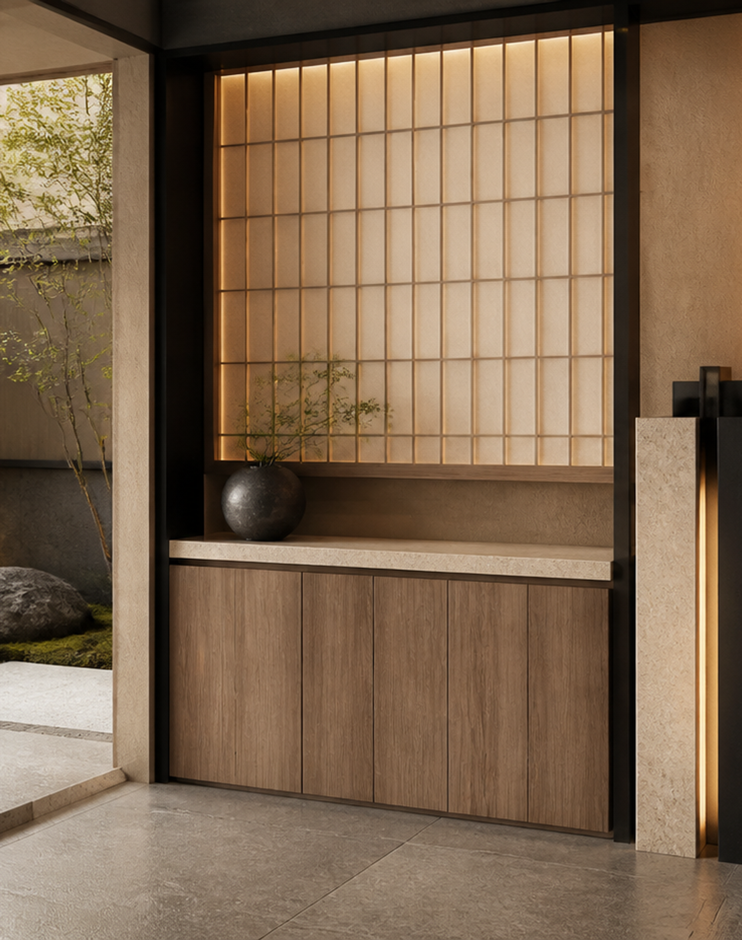 Fadior Savile Entryway Suite with Water Column Valet Console — lifestyle setting with natural light and residential styling