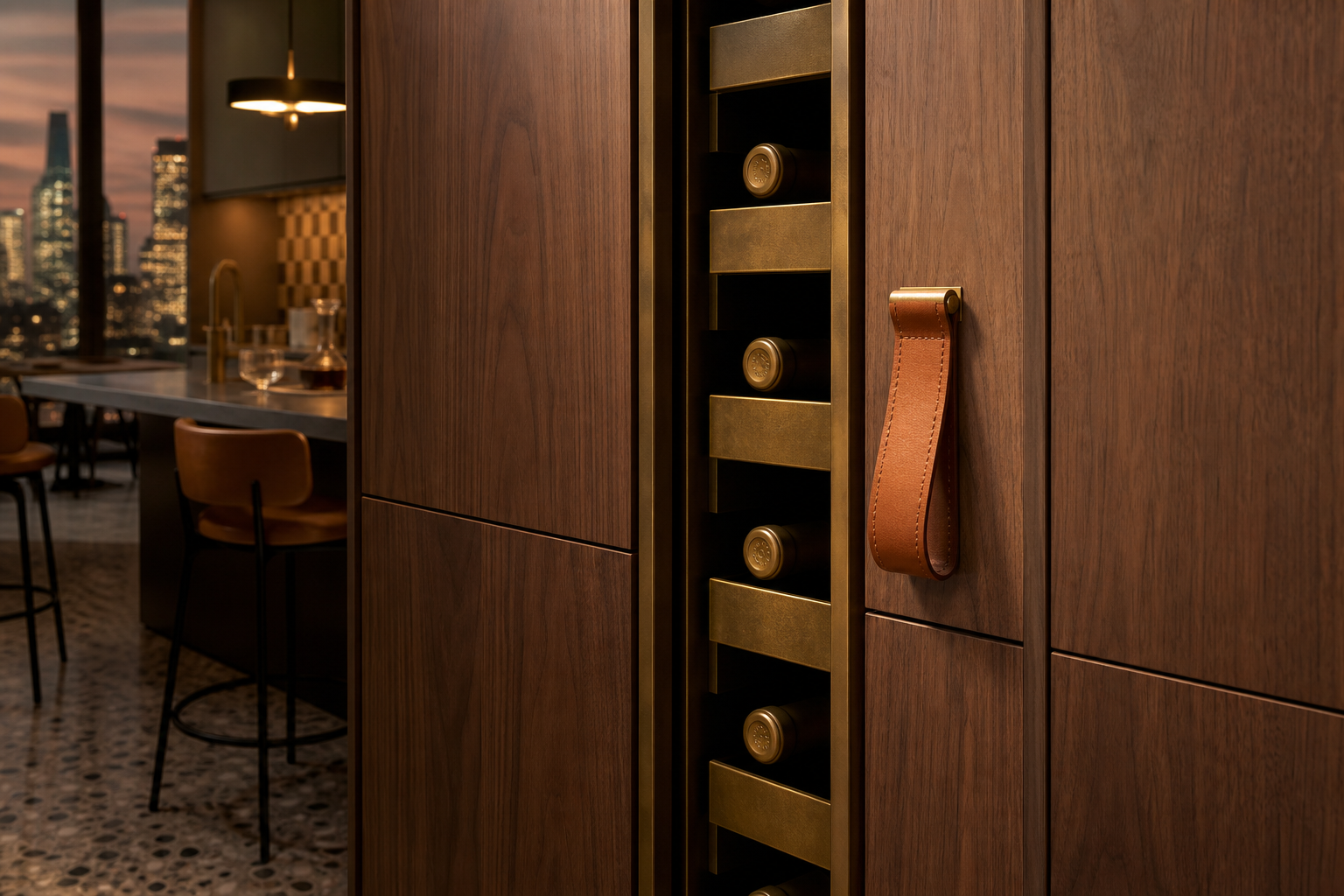 Fadior Gloria Wine Cabinet Suite with Quiet Brass Bottle Spine — close-up of stainless steel finish and hardware detail