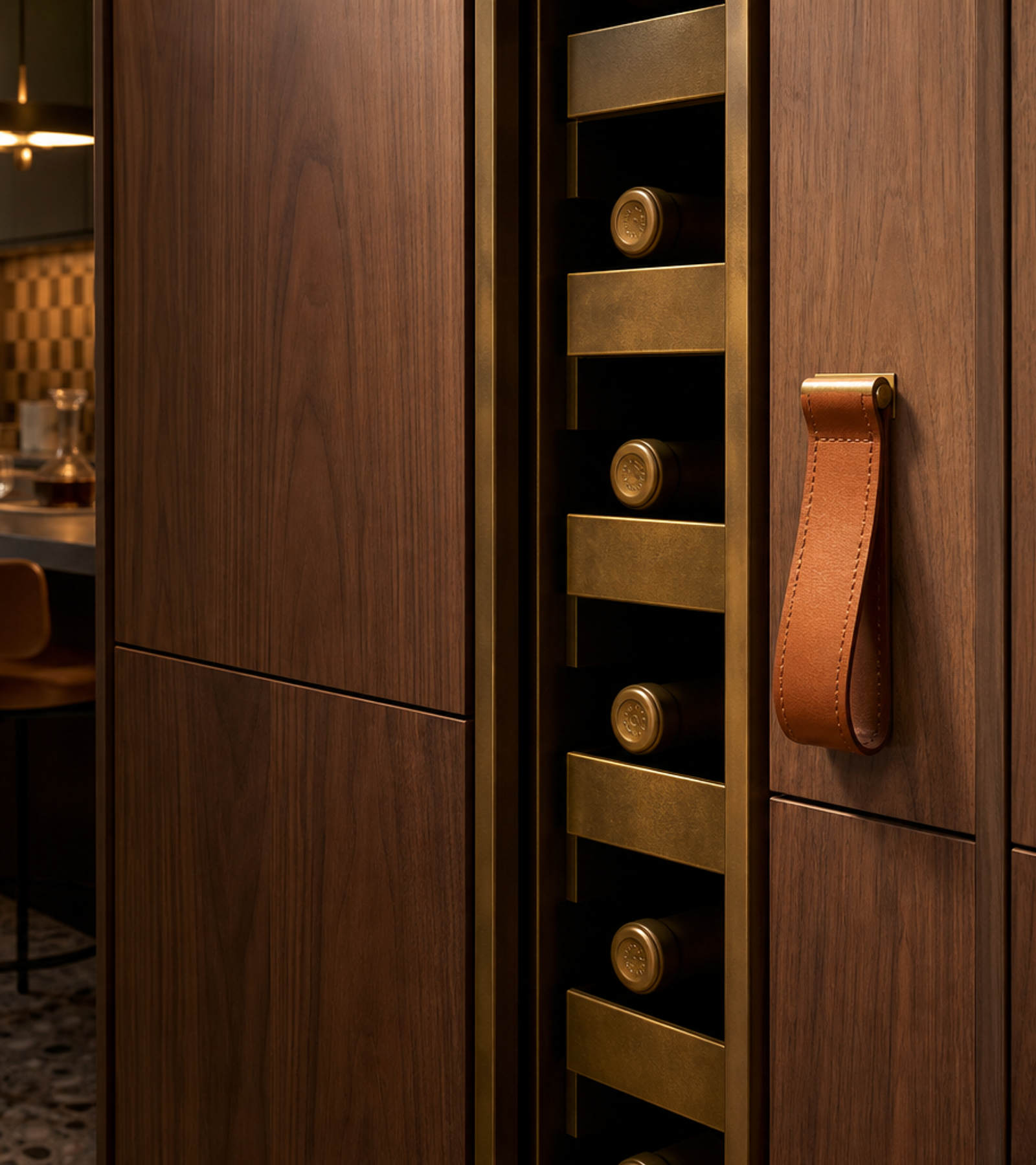 Fadior Gloria Wine Cabinet Suite with Quiet Brass Bottle Spine — close-up of stainless steel finish and hardware detail