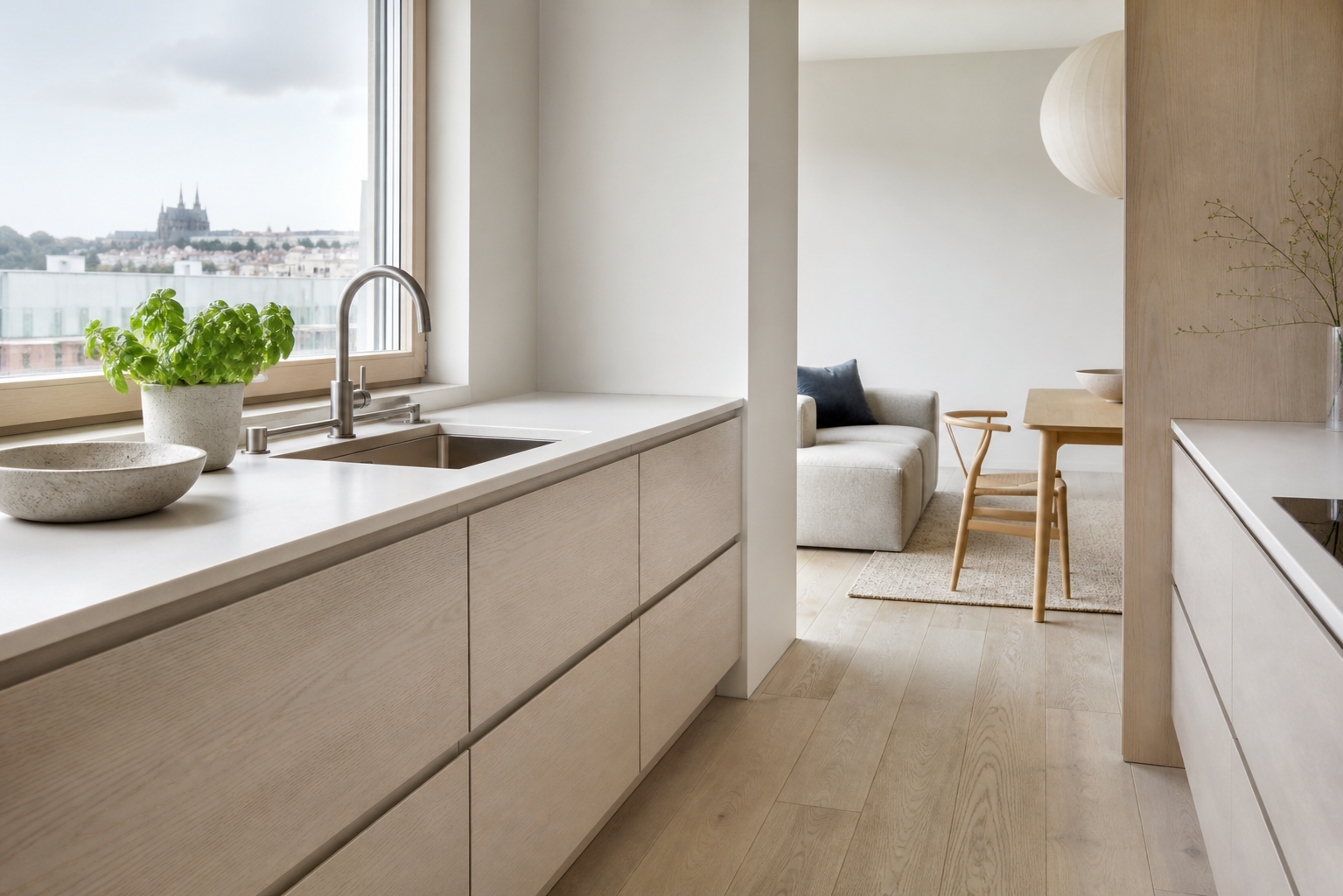 Fadior Brno 110 sqm Kitchen Penthouse - sink counter, cabinet drawers, herb pot, city window