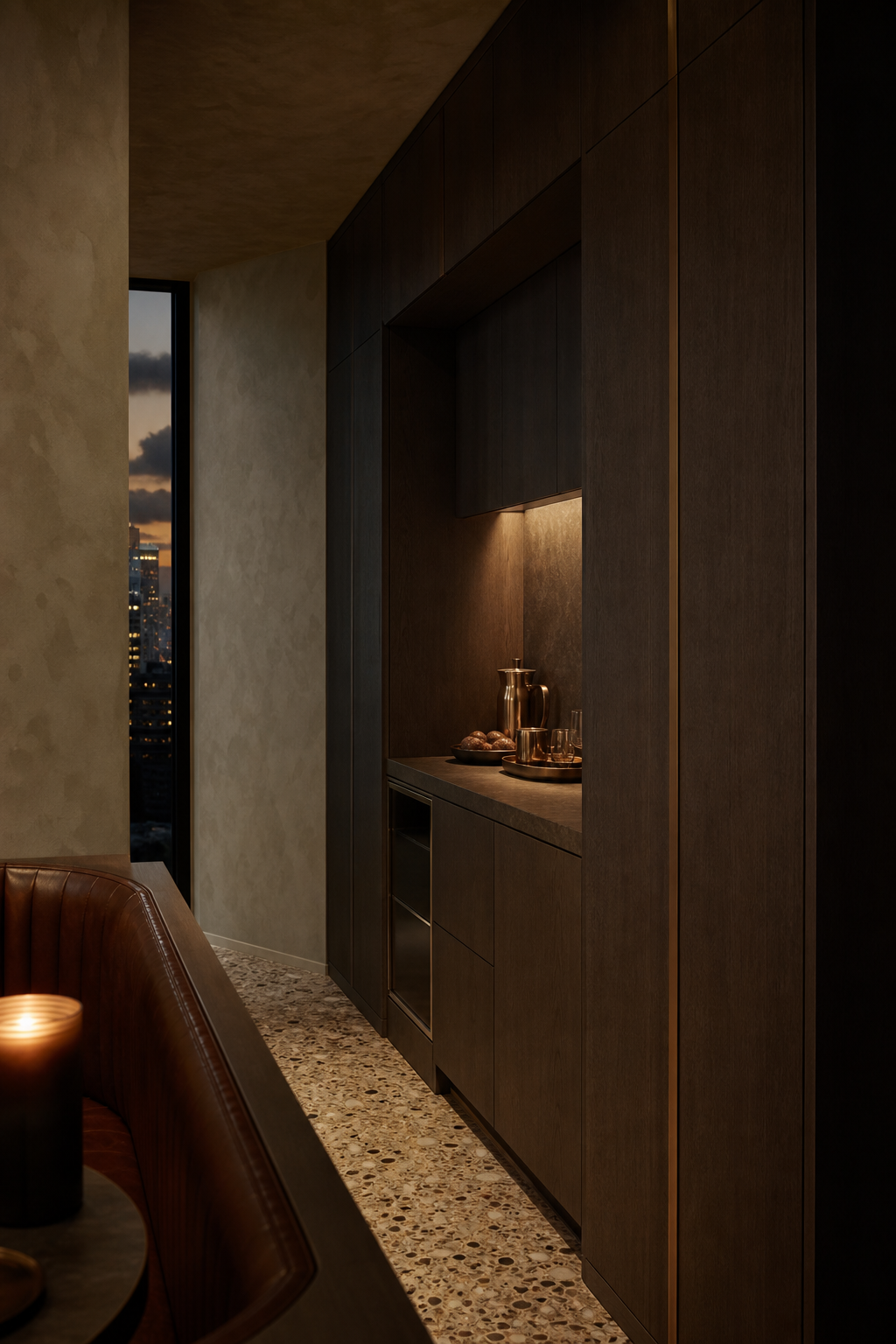 Fadior Brisbane 180 sqm Kitchen Penthouse — pantry counter, tall cabinet, city window, plaster wall, terrazzo walkway
